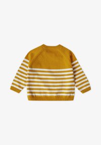 Maglione a righe gialle e bianche con scollo rotondo, polsini a coste e un tessuto lavorato. La parte posteriore presenta una porzione superiore gialla uniforme.