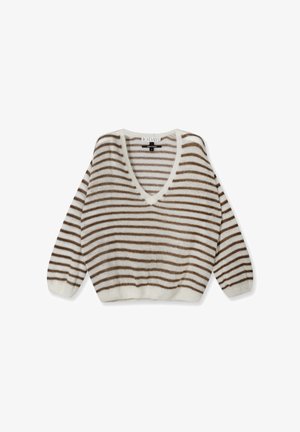 Pull à col en V, surdimensionné, en maille blanche avec des rayures horizontales marron. Texture douce, manches longues bouffantes et ourlet court.