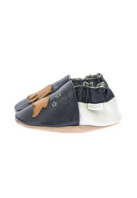 Scarpine in pelle per neonati con design a spacco. Materiali blu scuro e bianchi, dettagli marroni, caviglia elastica e motivo a stella sul lato.