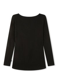 Maglietta nera a maniche lunghe con scollo a barca, realizzata in tessuto morbido, con una forma aderente e orlo curvo. Senza motivi o componenti visibili.