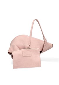 Borsa a tracolla in suede rosa con una forma morbida e arrotondata e una singola tracolla. Include una pochette coordinata removibile con cerniera e un'etichetta logo.