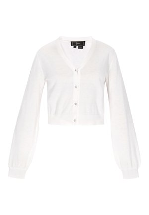 Cardigan alb scurt, din material ușor, cu decolteu în V, mâneci lungi bufante și cinci nasturi în față.