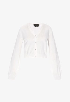 Cardigan alb scurt, din material ușor, cu decolteu în V, mâneci lungi bufante și cinci nasturi în față.