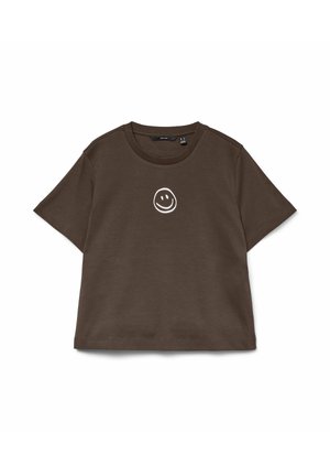 Bruine katoenen T-shirt met korte mouwen, een ronde hals en een wit smileygezicht op de voorkant gedrukt.
