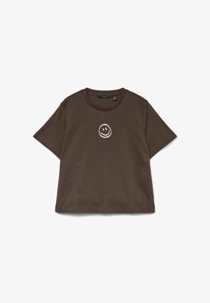 Bruine katoenen T-shirt met korte mouwen, een ronde hals en een wit smileygezicht op de voorkant gedrukt.