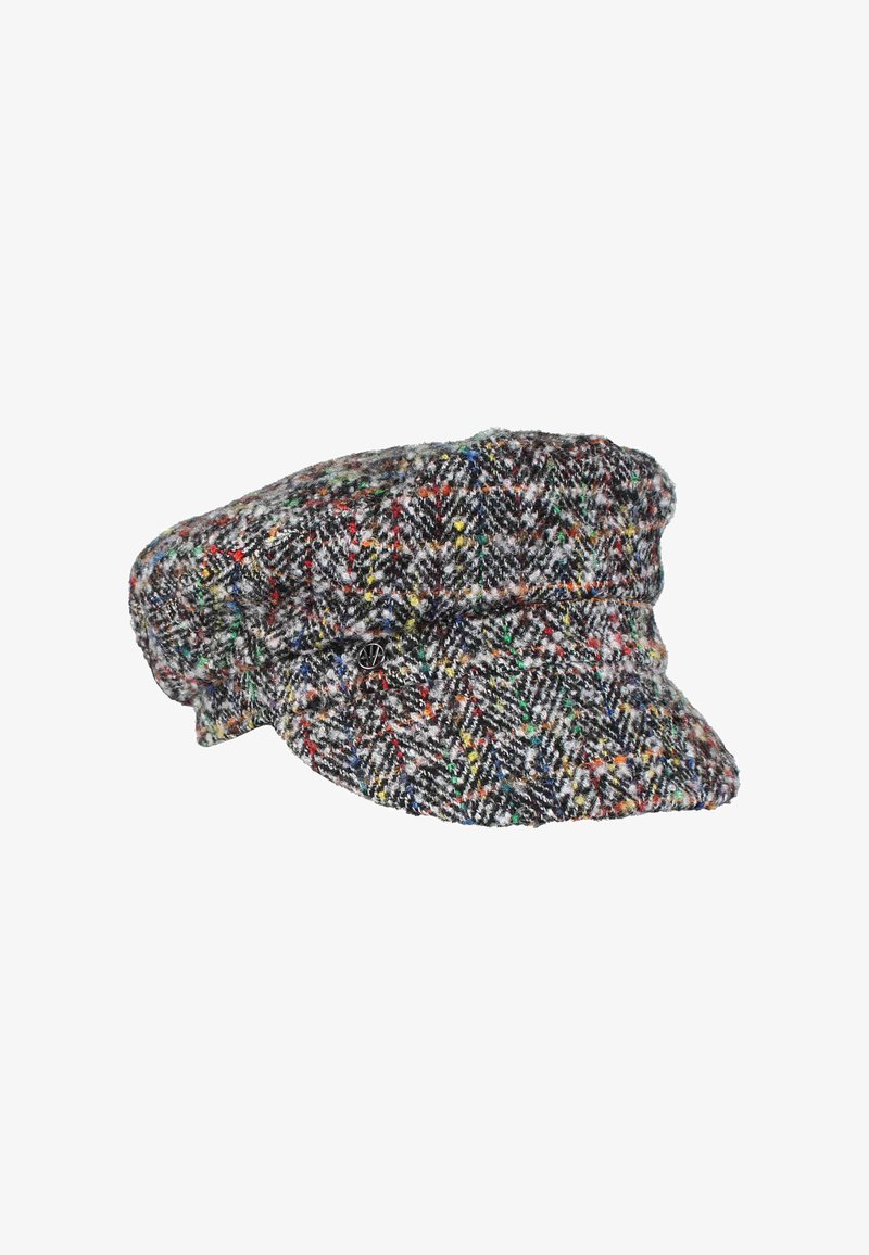 Căciulă din lână, stil beret, cu un model houndstooth în nuanțe de gri, negru și pete multicolore. Dispune de o bordură ușor curbată și o textură moale.