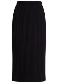 Jupe noire côtelée avec une taille élastique, longueur genou, dotée de rayures verticales et d'une texture lisse. Aucun matériel ou accent visible.