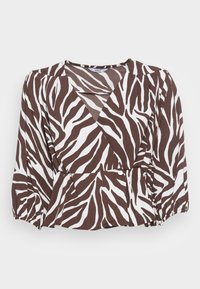 Blusa envolvente castanha e branca com estampa de zebra, mangas longas bufantes e cintura franzida, feita de tecido leve.