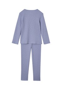 Children's two-piece pajama set in lavender with long sleeves and pants, featuring a small pink polka dot pattern throughout.