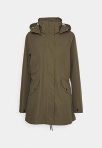 Olive green hooded raincoat with front flap pockets, zipper covered by storm flap, and adjustable drawstring hem.