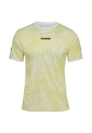 Żółto-biała sportowa koszulka z krótkim rękawem w marmurkowy wzór, z białym kołnierzykiem i mankietami, z czarnym logo "hummel" na środku klatki piersiowej.
