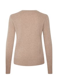 Beige gestrickter Pullover mit langen Ärmeln, Rundhalsausschnitt, gerippten Bündchen und Saum, mit einer weichen Textur und einem einfachen, glatten Design.