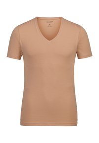 T-shirt a collo V color marrone chiaro realizzato in morbido cotone, con maniche corte e un design aderente caratterizzato da una texture liscia.