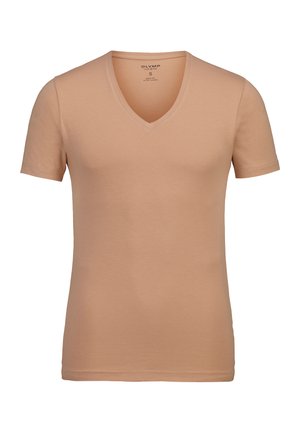 Light brown v-neck t-shirt made from soft cotton fabric, featuring short sleeves and a slim fit design with a smooth texture.