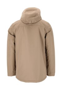 Beige utomhusjacka med huva, med en slät yta, rak passform och subtila sömdetaljer på axlar och ärmar.
