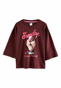 Burgundy short-sleeve t-shirt featuring an ice cream sundae graphic with cherries and the text "Sundae My Favourite Day!" in pink.