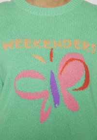 Groene gebreide trui met de tekst "WEEKENDERS" boven een kleurrijk vlinderontwerp in roze, oranje en paars. Zachte textuur, ronde hals.