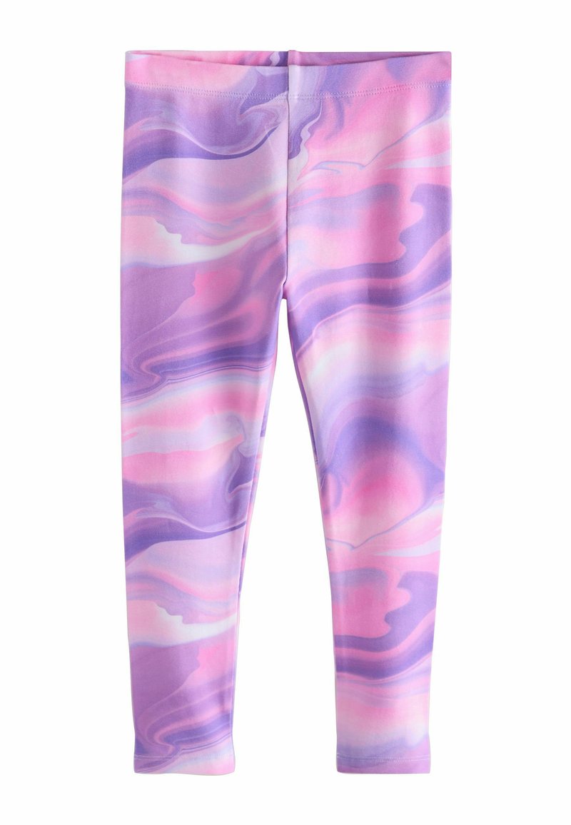 Fioletowo-różowe legginsy z marmurkowym wzorem, wykonane z elastycznego materiału o gładkiej fakturze, z elastycznym pasem.