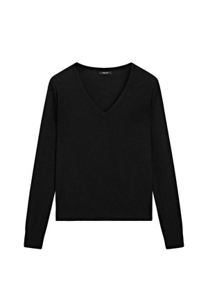 Black long-sleeve sweater with a V-neckline. Made of soft material, featuring a fitted cut and ribbed edges. Simple design, no patterns.