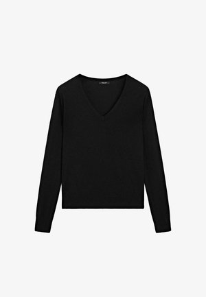 Svart långärmad tröja med V-ringning. Tillverkad av mjukt material, med en figurnära passform och ribbad kant. Enkel design, inga mönster.