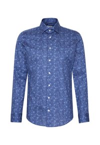 Chemise à manches longues boutonnée bleu foncé avec un motif floral bleu clair et un col pointu.