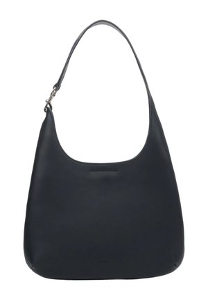 Černá kožená kabelka přes rameno s obloukovitým horním okrajem, jedním popruhem a jemně vyraženým logem značky na hladkém povrchu.