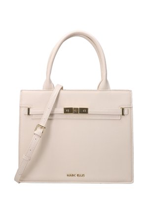 Crèmekleurige gestructureerde handtas met bovenhandvatten, verstelbare schouderriem en goudkleurige hardware met het merk Marc Ellis.