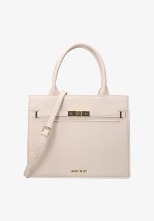 Sac à main structuré couleur crème avec poignées en haut, bandoulière ajustable et quincaillerie dorée de marque Marc Ellis.