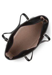 Sac à main en cuir noir avec double poignée, fermeture zippée et doublure en tissu beige ; présente une texture lisse et des accents matériels minimalistes.