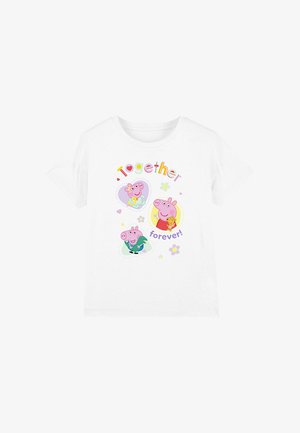 Weißes Baumwoll-T-Shirt mit bunten Cartoon-Charakteren, dem Text "Für immer zusammen!" und verspielten Akzenten sowie Blumen um das Design.