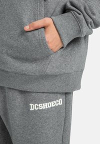 Grijze sweater en joggingsbroek met ribgebreide manchetten en zak. 'DCSHOECO' logo in een lichte kleur geborduurd op de broek. Zacht, gestructureerd materiaal.