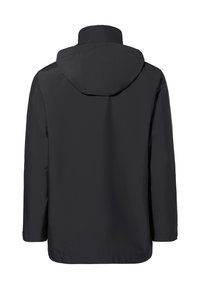 Giacca impermeabile nera con cappuccio, caratterizzata da un design semplice, maniche lunghe e una texture liscia. Nessun hardware o decorazioni visibili.