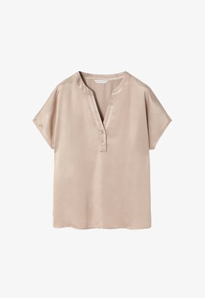 Blusa a maniche corte in un morbido tessuto beige, con scollatura a V e un dettaglio con bottone sul davanti, dal design rilassato.