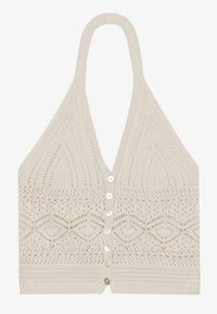 Haut dos nu tricoté en crème avec un col en V profond, présentant un motif losange texturé et six boutons décoratifs à l'avant.