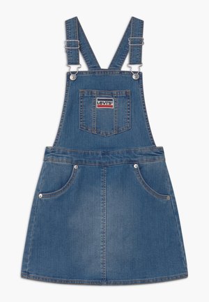 Blå denim forklæde med justerbare skulderstropper, frontbrystlomme med Levi's-logo og to sidelommer.
