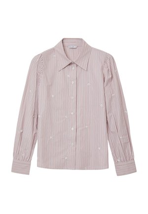 Rosa-weiß gestreifte Bluse mit langen Ärmeln, spitzem Kragen, durchgehender Knopfleiste und kleinen weißen Blumenstickereien.