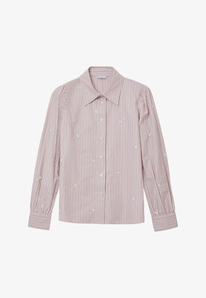 Blusa a maniche lunghe con righe verticali rosa e bianche, colletto a punta, chiusura con bottoni sul davanti e piccoli dettagli di ricamo floreale bianco.
