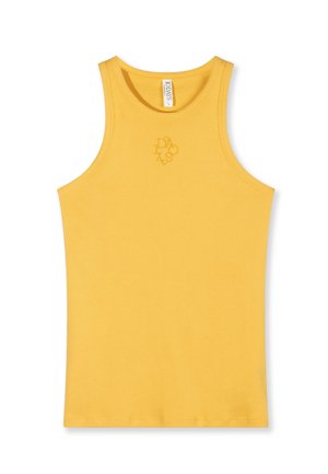 Canotta gialla a coste senza maniche con collo alto e piccolo logo ricamato al centro del petto.