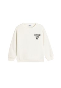 Sweatshirt blanc à manches longues, col rond, avec un texte imprimé noir disant "MEILLEURS POTES POILUS" accompagné d'une empreinte de patte.
