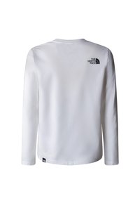 Hosszú ujjú fehér póló puha pamutból, fekete logóval a hát felső részén és címkével az alsó bal szegélyen.