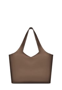 Brown tote bag made of smooth leather, featuring a v-shaped top and two long handles for easy carrying. Minimalistic design with no visible hardware.