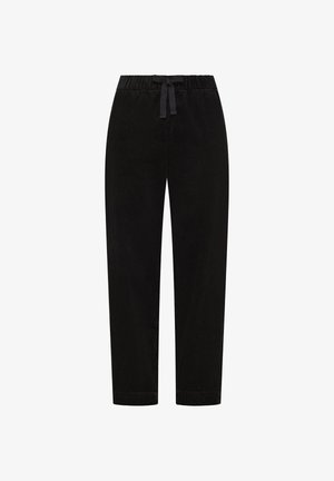 Pantaloni neri in velluto a coste con finitura strutturata, dotati di vita elasticizzata con coulisse, gamba con taglio affusolato e senza tasche.