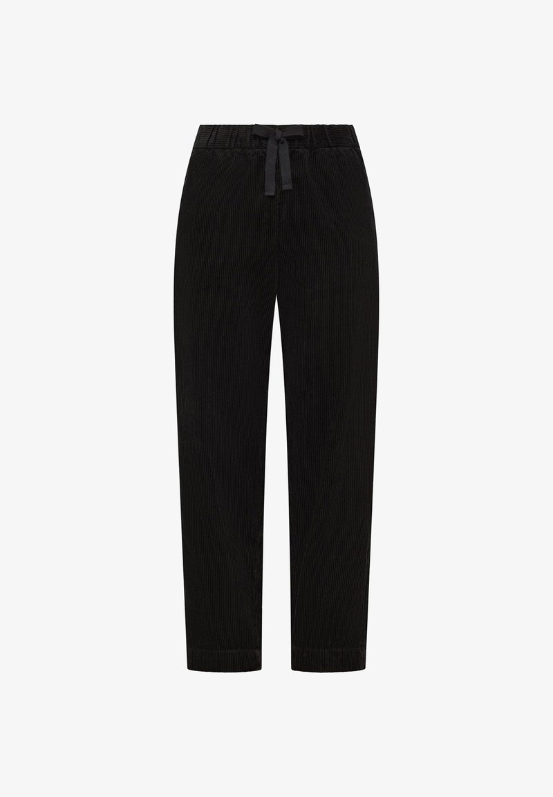 Pantaloni neri in velluto a coste con finitura strutturata, dotati di vita elasticizzata con coulisse, gamba con taglio affusolato e senza tasche.