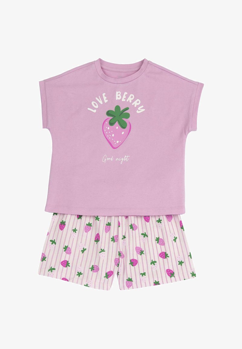 Pyjama deux pièces pour enfants avec un haut lavande arborant un motif de fraise et le texte "LOVE BERRY Good night", accompagné d'un short assorti à motif de fraises.