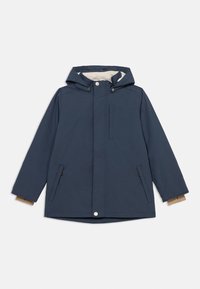 Μπλε ζαφείρι μπουφάν με κουκούλα, με φερμουάρ μπροστά, κουμπιά τύπου σναπ και πλαϊνές τσέπες. Λείο ύφασμα και αντίθετη εσωτερική επένδυση.