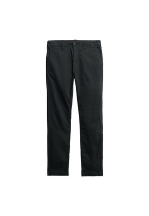 Pantaloni casual neri a taglio dritto con passanti per cintura, tasche laterali e chiusura con bottone su sfondo bianco.