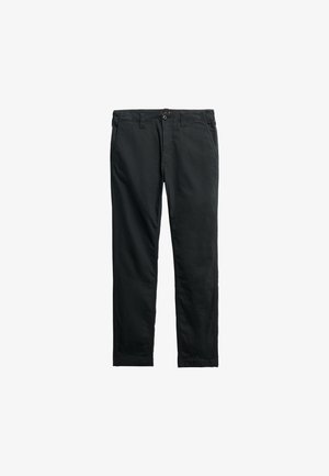 Black straight-fit casual pants with belt loops, side pockets, and a button closure on a white background.