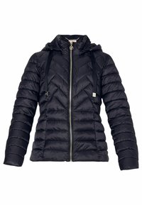 Giacca imbottita nera con cappuccio, caratterizzata da un motivo a zigzag, zip frontale e lacci regolabili. Texture liscia, design leggero.