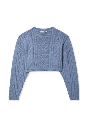 Maglione lavorato a maglia azzurro chiaro con motivi a treccia, maniche lunghe e scollatura rotonda. Tessuto testurizzato con polsini a coste.