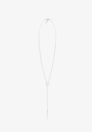 Zilveren ketting met een ronde hanger en een lange, slanke druppel. Heeft een gestructureerde afwerking en een verstelbare sluiting voor lengtvariatie.